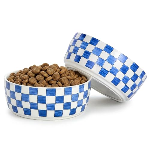 6.4 inch Ceramic Hand Painted Basic Dog Bowl Set of 2 with Anti-Skid Rubber Base, Food and Water Bowls for Small Pets,Blue - color: Blue