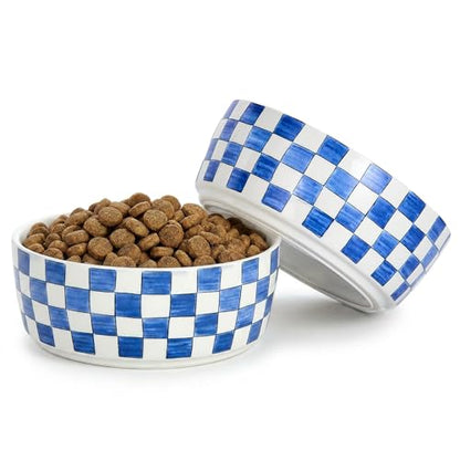 6.4 inch Ceramic Hand Painted Basic Dog Bowl Set of 2 with Anti-Skid Rubber Base, Food and Water Bowls for Small Pets,Blue - color: Blue
