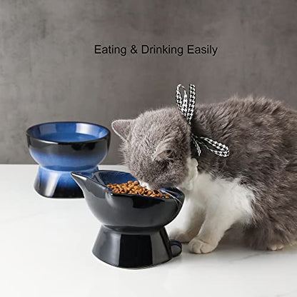 Nihow Elevated Cat Bowls,5 Inch Ceramic Raised Cat Food and Water Bowl Set | Slanted,Whisker Friendly,for Protecting Pet's Spine,Microwave & Dishwasher Safe ,Elegant Blue & Black 4.5 OZ, Set of 2 - color: Blue & Black, size: 4.5 OZ+8 OZ