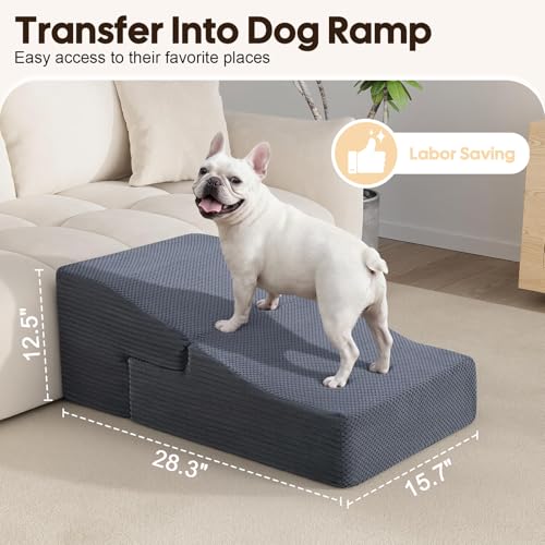 Dog Ramp for Bed Couch, 15.3" H Dog Stairs for Small Dogs | 2 in 1 Transformable 3-Step Pet Steps for Bed, Foldable Cats Ramp to Get on Bed, Non-Slip Balanced, Grey - size: 15.7 X 21.2 X 15.3 In