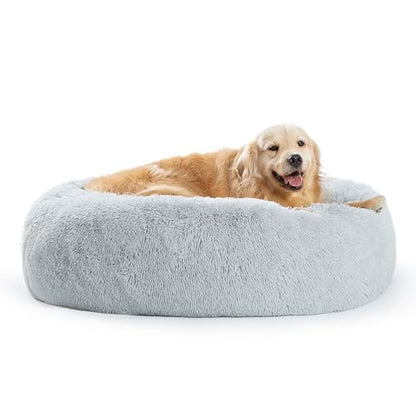 SAVFOX 36 inches Calming Donut Dog Bed - 3X Durable Plush Faux Fur, Machine Washable & Non-Slip, Fits up to 100 lbs, Light Grey - color: Light Grey, size: Large | 36"x36"