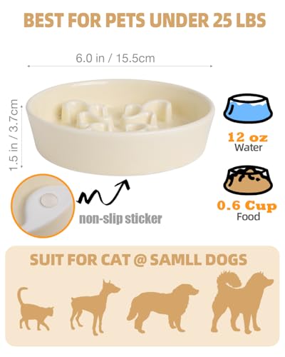 Slow Feeder Dog Bowl, 0.6 Cups Ceramic Dog Food Dish for Fast Eaters Small Breed, Puzzle Bowl for Small Dogs and Cats(Yellow)