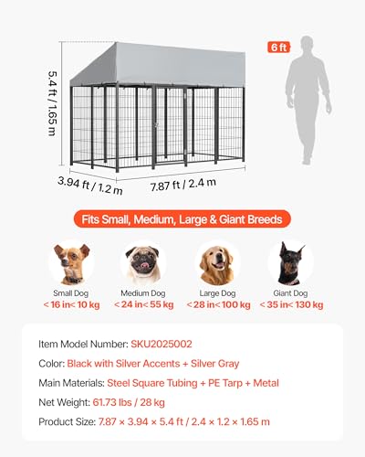 VEVOR Outdoor Dog Kennel, 7.87 x 3.94 x 5.4 ft Large Dog Kennel with Secure Lock, Outside Dogs Enclosures with UV-Resistant & Waterproof Roof Cover, Heavy Duty Pet Crate Cage Run for Large Dogs - size: 94.5"L x 47.2"W x 65.0"H