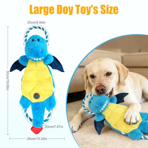 Interactive Squeaky Dog Chew Toy, Tough Plush Dog Toys for Chewers, Small, Medium & Large Dogs, Plush with Double Rope Handles for Tug of War, Mess-Free, Blue - color: Blue