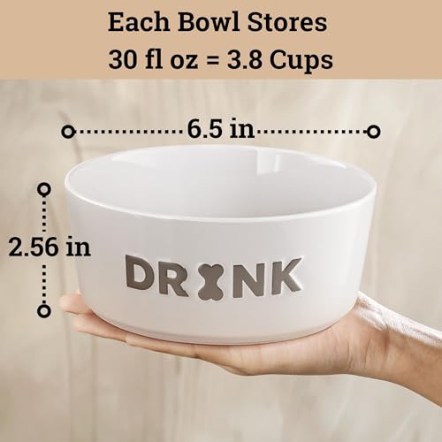 Ceramic Dog Bowl Set of 2 w/ Anti-Skid Base 6.5"W x 2.5"H, 3.8 Cup Capacity | Thick Ceramic, Dishwasher Safe, Anti-Skid Rubber Base, 3.8 Cups per Bowl, Ceramic Food & Water Bowls Set of 2 for Medium Dogs - color: Gray, size: Medium 6.5"
