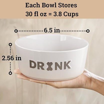 Ceramic Dog Bowl Set of 2 w/ Anti-Skid Base 6.5"W x 2.5"H, 3.8 Cup Capacity | Thick Ceramic, Dishwasher Safe, Anti-Skid Rubber Base, 3.8 Cups per Bowl, Ceramic Food & Water Bowls Set of 2 for Medium Dogs - color: Gray, size: Medium 6.5"