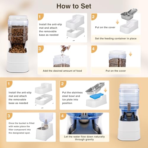 2 Pack Automatic Cat Feeder and Water Dispenser 1.3Gallon Dog Gravity Food Feeder and Water with Ice Pack Stainless Steel Dry Food and Waterer Bowl for Small Medium Large Pets (White) - color: White