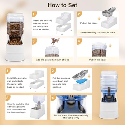 2 Pack Automatic Cat Feeder and Water Dispenser 1.3Gallon Dog Gravity Food Feeder and Water with Ice Pack Stainless Steel Dry Food and Waterer Bowl for Small Medium Large Pets (White) - color: White