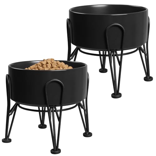 Elevated Dog Bowls, Ceramic Raised Dog Bowl Set with Anti-Slip and Non-Tip Metal Stand, 2 Pack Pet Food and Water Feeding Bowls for Small and Medium Dogs (Black,3.6 Cups) - color: Black, size: 3.6 Cups | 2 Pack | For Medium Dogs