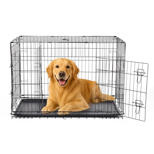 42 Inch Large Double Door Dog Crate for Pets with Divider Panel, Folding Metal Wire Kennel with Leak-Proof Tray, Secure Latches for Large Dogs, Ideal for Training & Travel - color: Black/Double Door, size: 42.1"L x 26.8"W x 28.7"H
