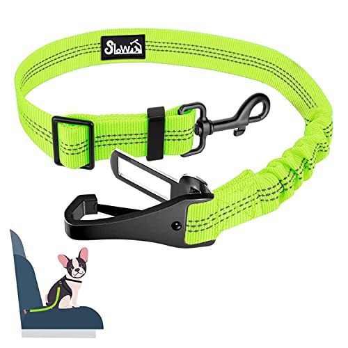 SlowTon Dog Seat Belt, Adjustable Dog Safety Belt Leash, 2 in 1 Latch Bar Attachment Dog Car Seatbelt with Elastic Nylon Bungee Buffer, Reflective Nylon Belt Tether (Lime) - color: Lime