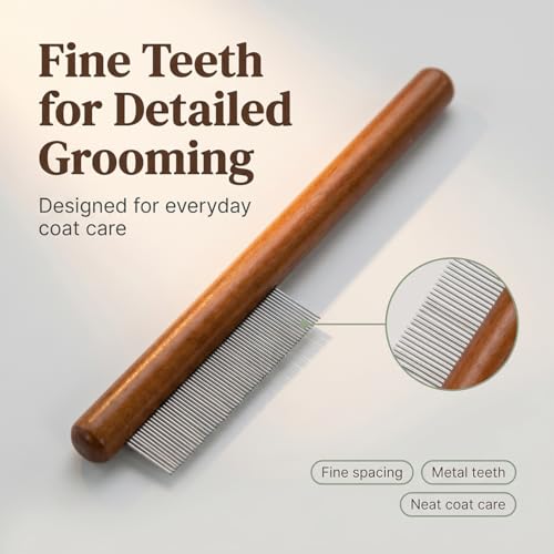 Pet Pro Grooming Tool for Dogs & Cats, 2-in-1 Blue Deshedding Brush & Wooden-Handle Steel Comb, Undercoat Rake for Long Hair Thick Coats, Painless Dematting Removes Tangles Knots & Loose Fur