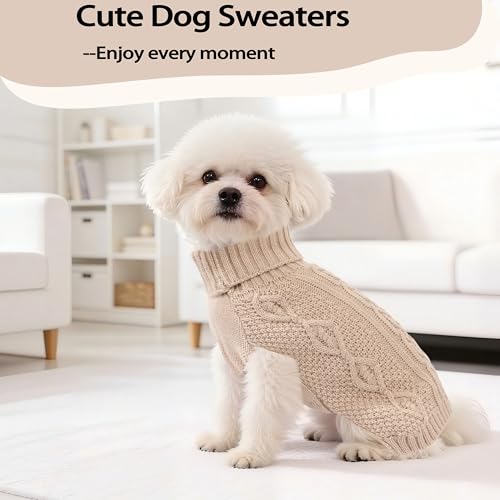 Dog Sweaters Small Dog Clothes Winter Turtleneck Puppy Sweater Warm Pet Cat Sweater Doggy Pullover Outfit with Twisted Design XS~XL (Beige, X-Large) - color: BEIGE, size: X-Large