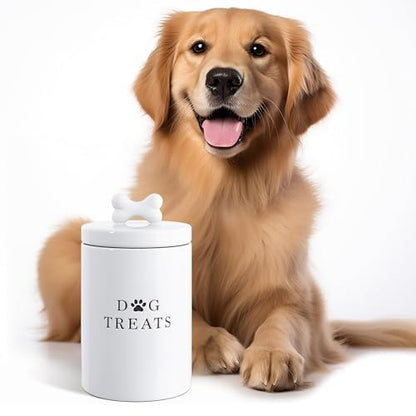 Barnyard Designs Large Dog Treat Container Airtight with Lid, Cute Rustic Ceramic Dog Treat Storage Jar for Kitchen Counter (White) - color: White