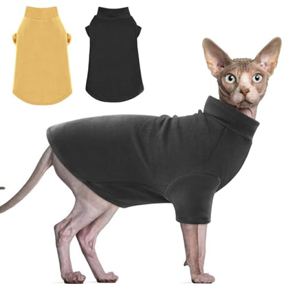 Idepet Sphynx Cats Sweater 2 Pack,Turtleneck Hairless Cat Shirt Soft and Warm Kitten Clothes with Sleeves Pullover Pet Winter Pajamas Jumpsuit for Cat Puppy (Black&Yellow, Medium) - color: Black&Yellow, size: Medium