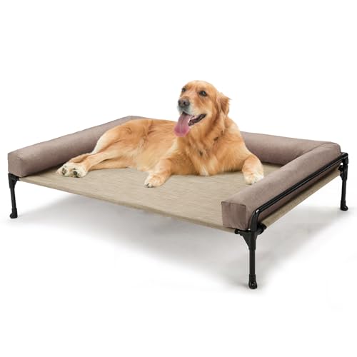 Veehoo Elevated Raised Dog Bed-Cooling Outdoor Dog Cot Bed for Large Sized Dogs Three-Sided Fence Raised Pet Cot with Mesh & No-Slip Feet Dog Hammock Bed with Removable Bolster-41 x 27" Beige Coffee - color: Beige Coffee, size: 41.0"L x 27.0"W x 13.0"Th