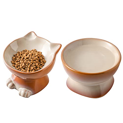Nihow Elevated Cat Bowls,6 Inch Ceramic Raised Cat Food and Water Bowl Set | Slanted,Whisker Friendly,for Protecting Pet's Spine,Microwave & Dishwasher Safe ,Elegant Brown,6.8 OZ - color: Brown, size: 6.8 OZ+15.5 OZ