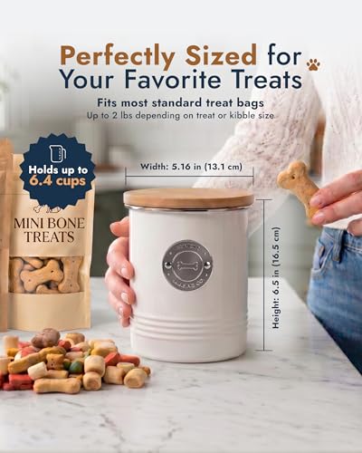 Dog Treat Container Airtight with Bamboo Lid - Premium White Metal Jar for Countertop Storage, 6.4 Cup Capacity, Easy to Open - Decorative Dog Cookie Jar for Kitchen Counter