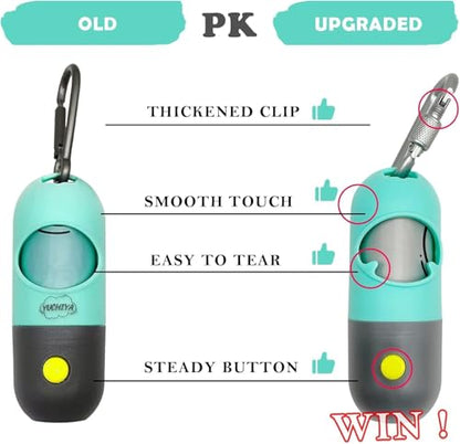 Dog Poop Bag Holder Dispenser with LED Flashlight - Night Visibility for Safe Evening Walks | Upgraded Hands-Free Leash Clip | Includes 15 Dog Waste Bags(Green) - color: Green