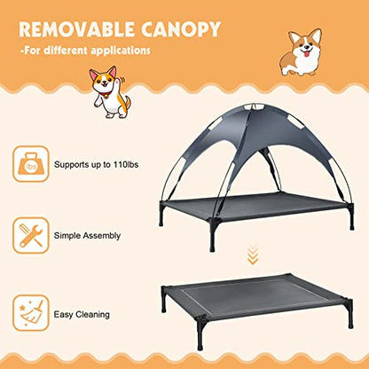 Elevated Dog Beds, Indoor Outdoor Raised Pet Bed, Portable Cooling Puppy Cot with Breathable Mesh, Canopy, Durable Steel Frame for All-Year Use