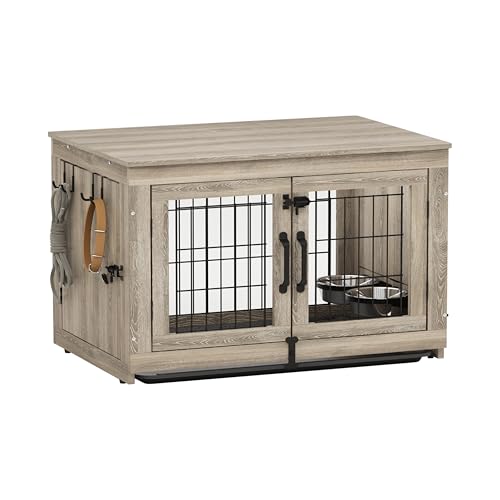Piskyet Wooden Dog Crate Furniture with 360°Rotatable Removable Dog Bowls, Dog Crate End Table with Tray, Double Doors Dog Kennels for Dogs(M:31.8" L*22.1" W*24.1" H, Gray) - color: Gray, size: 31.8"L x 22.1"W x 24.1"H