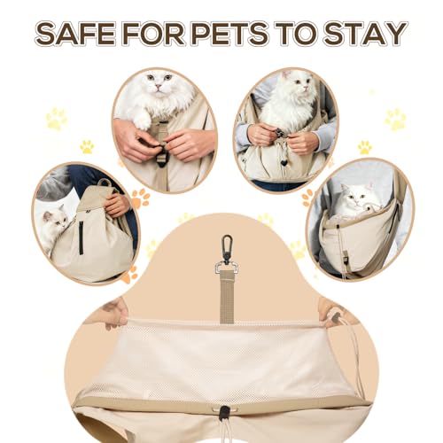 Dog Carrier Sling for Small Dogs/Cats Up to 15 lbs - Multi-Pocket Oxford Pet Sling Carrier Bag with Adjustable Strap (Beige) - color: Beige