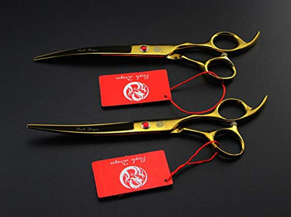 Purple Dragon Professional 7.0 inch 4PCS Pet Grooming Scissors Kit Japan Premium Steel Straight & Curved & Thinning Blade Dog Hair Cutting Shears Set with Case - color: Gold