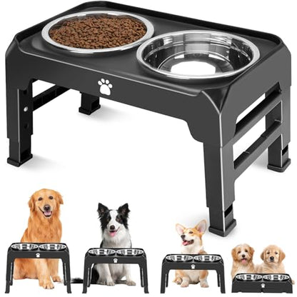 Elevated Bowls with Adjustable Heights - Raised Stand with 2 Stainless Steel Food Bowls, Non-Slip Foldable Feeder for Medium Large Dogs, Adjusts to 12.36", 10.75", 9.2", 3.7", Black - color: Black, size: Medium dogs