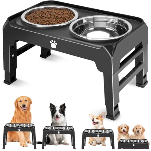 Elevated Bowls with Adjustable Heights - Raised Stand with 2 Stainless Steel Food Bowls, Non-Slip Foldable Feeder for Medium Large Dogs, Adjusts to 12.36", 10.75", 9.2", 3.7", Black - color: Black, size: Medium dogs