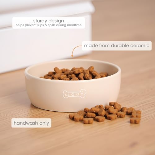 Pearhead Ceramic Dog Bowl – Neutral Taupe “Woof” Design, Holds 2.5 Cups, Non-Skid Stoneware Pet Feeding Dish, 20 oz, Medium - color: Taupe Woof Bowl, size: Medium