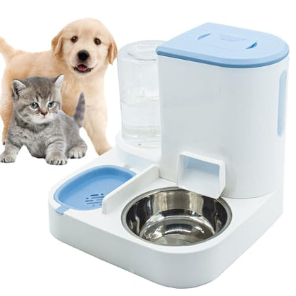Automatic Cat Food and Water Dispenser Set 2 in 1, All-in-One Gravity Pet Feeder with Stainless Steel Cat Food Bowl Travel Auto Supply Feeder and Water Dispenser for Small Medium Cats Dogs (Blue) - color: 【Bule】