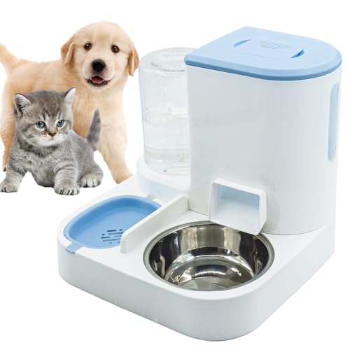 Automatic Cat Food and Water Dispenser Set 2 in 1, All-in-One Gravity Pet Feeder with Stainless Steel Cat Food Bowl Travel Auto Supply Feeder and Water Dispenser for Small Medium Cats Dogs (Blue) - color: 【Bule】