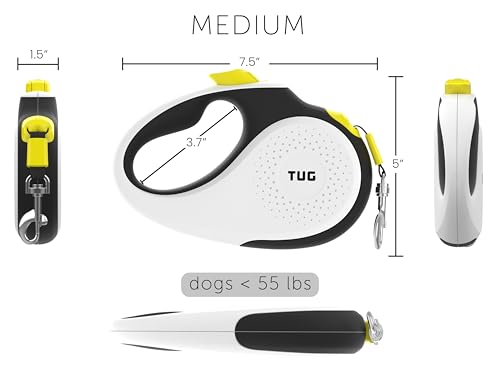 TUG 360° Tangle-Free Retractable Dog Leash with Anti-Slip Handle | 16 ft Strong Nylon Tape | One-Handed Brake, Pause, Lock (Medium, White/Neon Yellow) - color: White/Neon Yellow, size: Medium