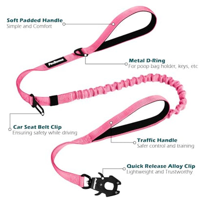 PetBonus Heavy Duty Tactical Dog Leash, 5 FT Bungee Shock Absorption Leash with 2 Padded Handles, Quick Release Metal Clip, Car Seatbelt, No Pull Training Lead for Large Medium Dogs（Pink） - color: Pink