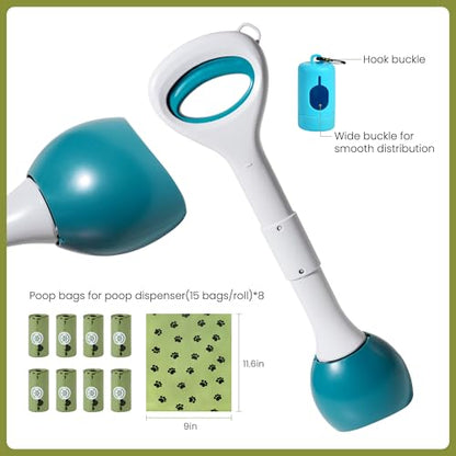 Dog Pooper Scooper Portable with Bag Attachment, One Handed Foldable Design, Includes 120 Waste Bags and Dispenser, 19 Inch Handle for Grass Yard Gravel Cleanup (Green) - color: Green + 120 garbage bags + dispenser