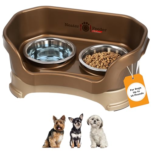 Neater Pet Brands Neater Feeder Deluxe Mess Proof Dog Bowls Elevated for Small Dogs Under 19 lbs, Made in USA, No Spill Raised Dog Food Bowl Stand Feeding Station, Food and Water Bowl Set, Bronze - color: Bronze, size: Small with Standard Bowl