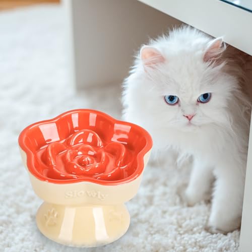 S&Q's CERAMICS Raised Slow Feeder Cat Bowl, Ceramic Glass Elevated Pet Food Bowl Small Dogs Slow Feeder, Flower Shaped Cute Dish for Dry and Wet Food (Orange, 5.8") - color: Orange