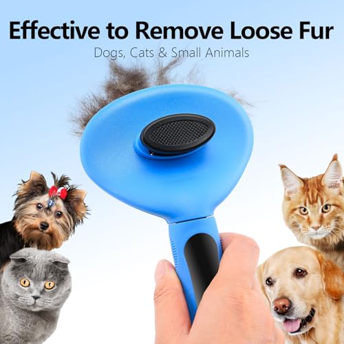 Self Cleaning Slicker Brush for Dogs & Cats, Deshedding Tool with Ergonomic Non-Slip Handle, One Button Hair Removal, Blue