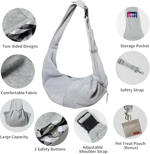CONLI Small Dog Carrier Sling with Adjustable Strap & Dual Safety - Features Storage Pocket & Detachable Treat Pouch, Hands-Free Pet Sling for Chihuahuas, Yorkies Under 12lbs for Walking, Hiking