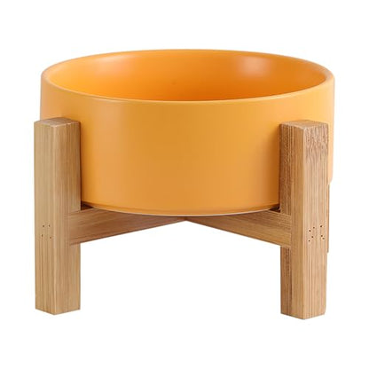 Elevated Ceramic Cat Bowl - Cat Food Bowl with Bamboo Stand - Raised Dog Dish for Puppies - Anti Vomiting, Stress Free - 13.5 oz / 400 ml - Yellow - color: Yellow, size: Small