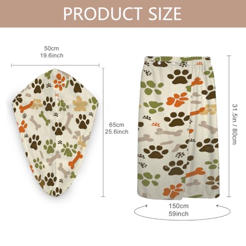 Dog Paw Prints Bones Microfiber Bathrobe and Hair Towel Wrap Set for Women Quick Dry Shower Towels Wrap Absorbent Soft Bath Robe and Hair Drying Cap for Spa After Shower