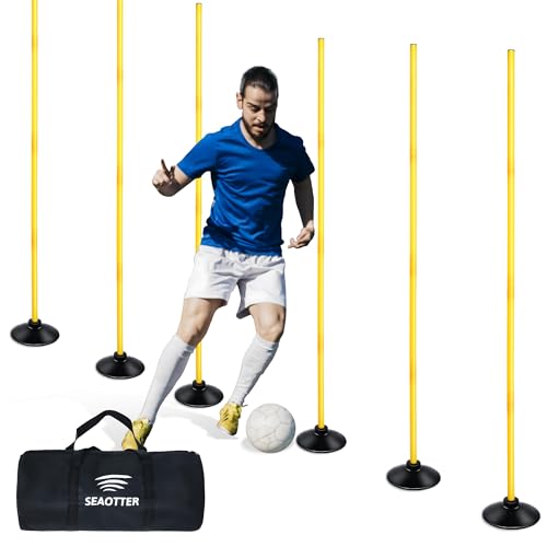 SEAOTTER Soccer Agility Poles Set, 4/6/10 Pcs 6ft Detachable Sports Trainning Speed Poles Slalom Poles with Rubber Base, Agility Training Equipment for Football, Rugby, Basketball, Indoor & Outdoor - color: Yellow, style: 6 Pack - 6ft