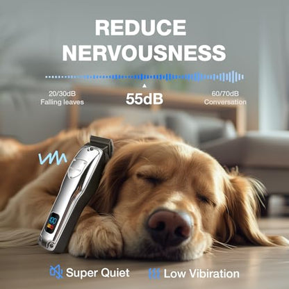 Dog Clippers for Grooming for Thick Heavy Coats, Professional Low Noise Cordless Dog Grooming Clippers Supplies Kit Rechargeable Pet Hair Trimmer with Stainless Steel Blade for Dogs Cats Pet