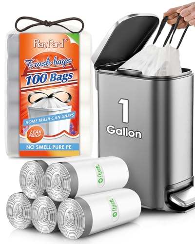1 Gallon 100 Counts Mini Strong Drawstring Trash Bags Garbage Bags by RayPard, fit 3-4 Liter Small Trash Can, Tiny Waste Basket Liners for Home Office Bathroom Bedroom Car, White - style: 100-1 Gallon-White