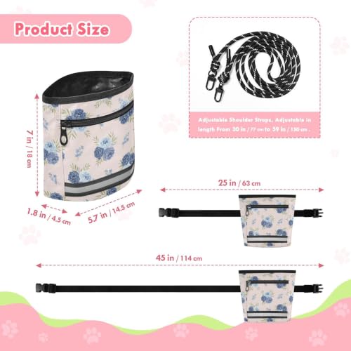 Flower Water-Resistant Dog Treat Pouch, 3 Ways to Wear Treat Bag with Magnetic Closure & Reflective Strip, Hands-Free for Pet Training, Walking