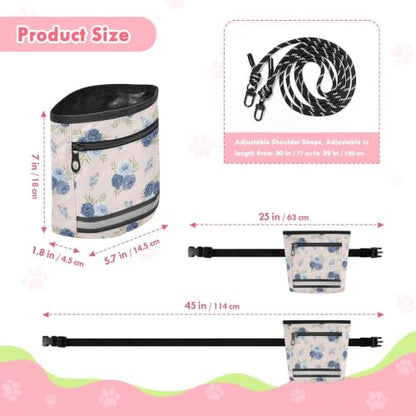 Flower Water-Resistant Dog Treat Pouch, 3 Ways to Wear Treat Bag with Magnetic Closure & Reflective Strip, Hands-Free for Pet Training, Walking