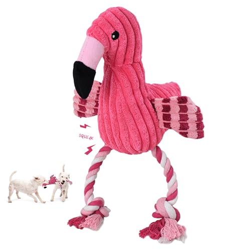Squeaky Dog Toys - Plush Dog Toys with Soft Durable Fabric for Small Medium Large Breeds, Interactive Tug of War Rope Chew Toys, Teeth Cleaning, Dental Care, and Keep Dogs Busy (Flamingo-Red)