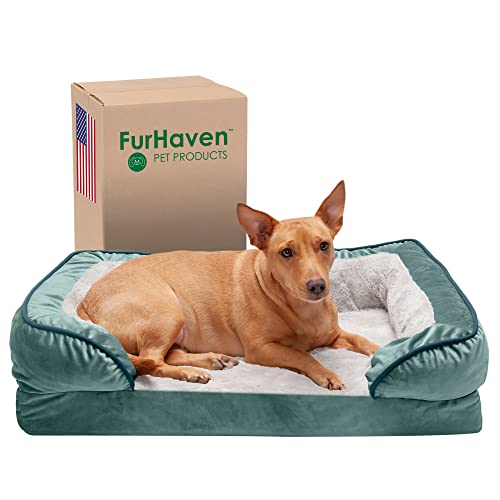 Furhaven Orthopedic Dog Bed for Medium/Small Dogs w/ Removable Bolsters & Washable Cover, For Dogs Up to 35 lbs - Plush & Velvet Waves Perfect Comfort Sofa - Celadon Green, Medium - color: Celadon Green, size: Medium