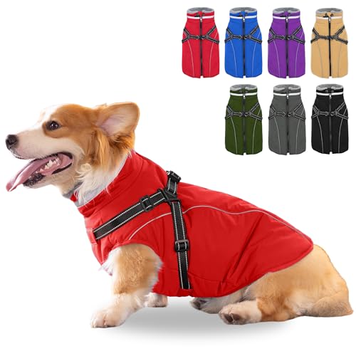 Fragralley Dog Coat with Harness Built in, Waterproof Windproof Reflective Warm Puffer Jacket, Fleece Lined Vest Winter Parka for Small, Medium, Large Dogs - color: Red, size: Small