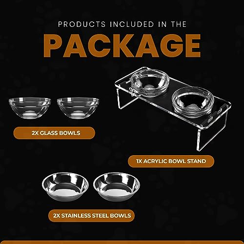 Elevated Dog Bowls for Medium Dogs – 5.5” Acrylic Raised Pet Feeder Stand with 2 Stainless Steel & 2 Glass Removable Bowls – Food & Water Dish Set - size: Medium Dogs-5.5" Height